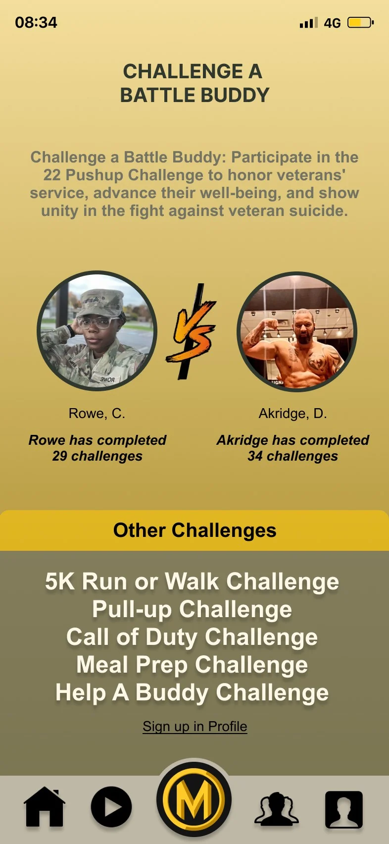Challenge a Battle Buddy screen inviting users to the 22 Pushup Challenge, showing two profiles head to head with challenge counts and a list of other challenges