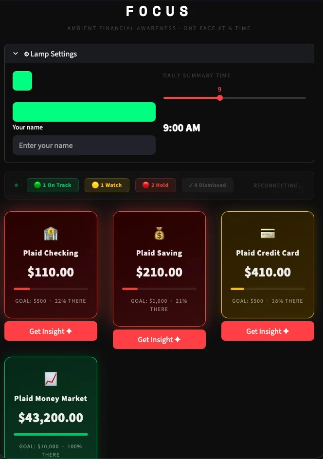 FOCUS companion dashboard showing lamp settings for color, name, and daily summary time, a status bar with On Track, Watch, and Hold counts, and color-coded account cards with Get Insight buttons