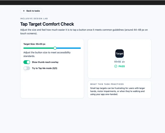 Tap Target Comfort Check: a size slider set to 55 by 55 pixels, a thumb reach overlay toggle, and a target button marked Pass