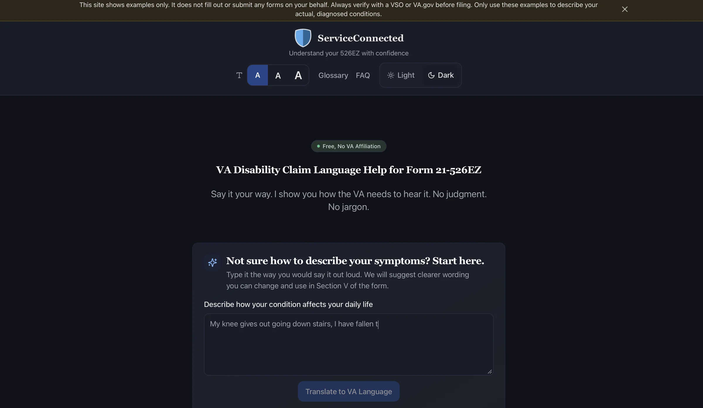 ServiceConnected homepage with the symptom translator