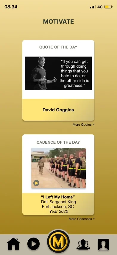 Motivate screen with a quote of the day and a cadence of the day video