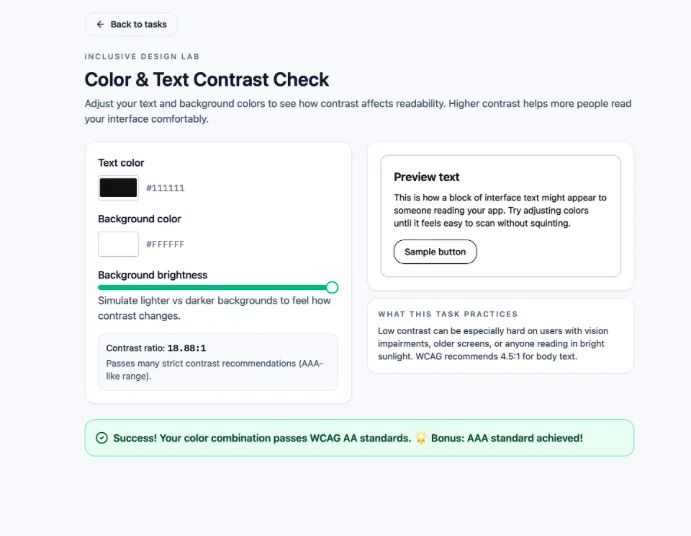 Color and Text Contrast Check: color pickers and a brightness slider beside a live text preview, showing an 18.88:1 contrast ratio and a message that the colors pass WCAG AA and AAA