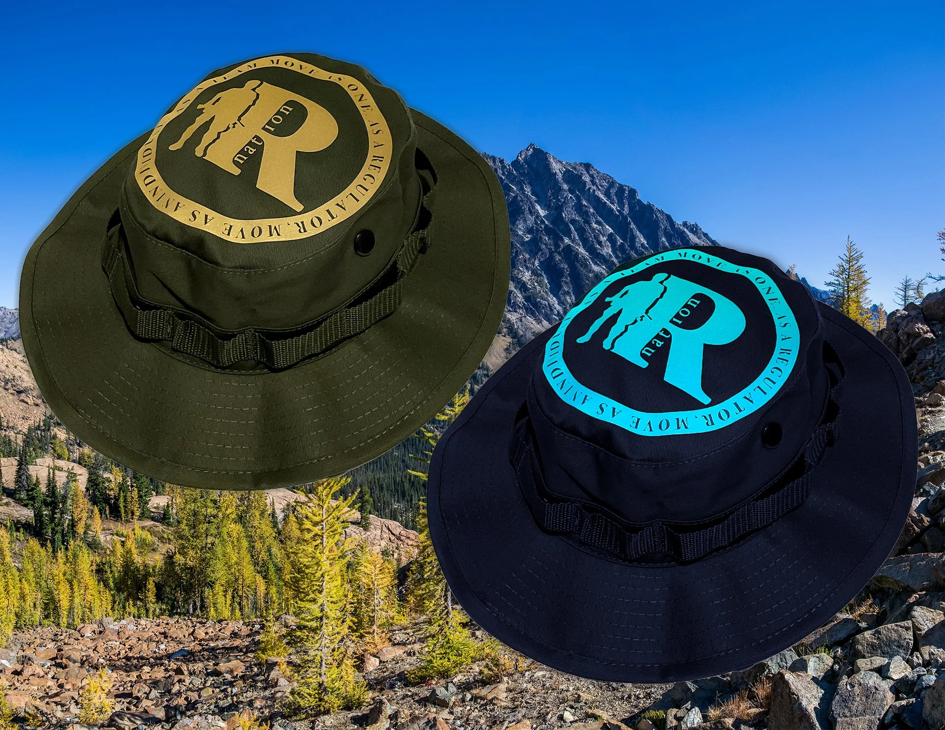 Two military-inspired boonie hats against a mountain landscape