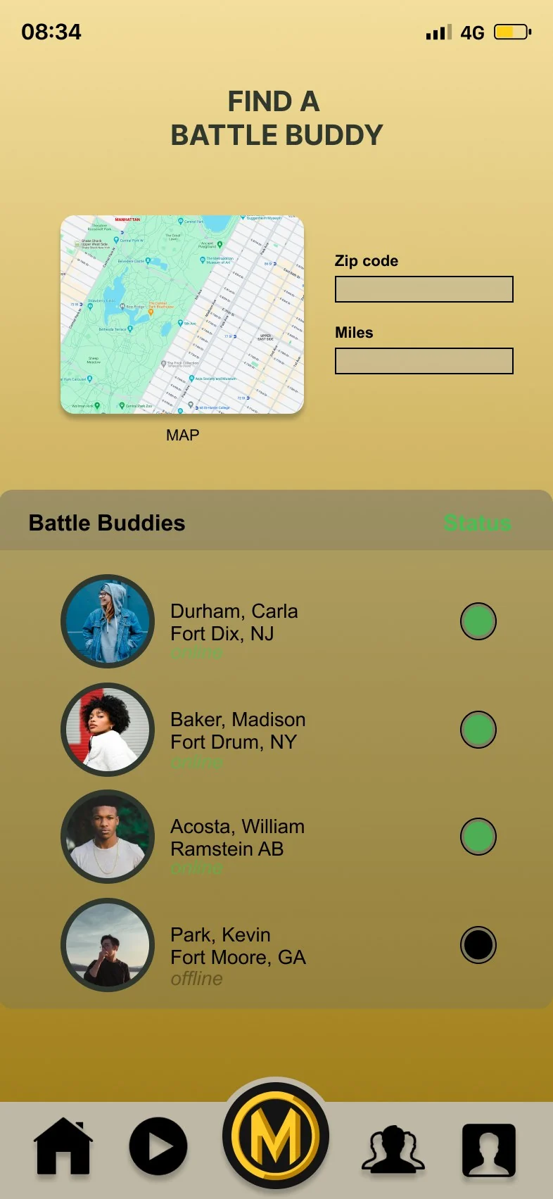 Find a Battle Buddy screen with a map, zip code and miles fields, and a list of nearby battle buddies with online or offline status