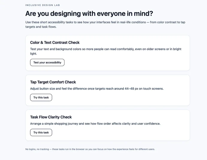 Inclusive Design Lab home screen with three accessibility tasks: Color and Text Contrast Check, Tap Target Comfort Check, and Task Flow Clarity Check