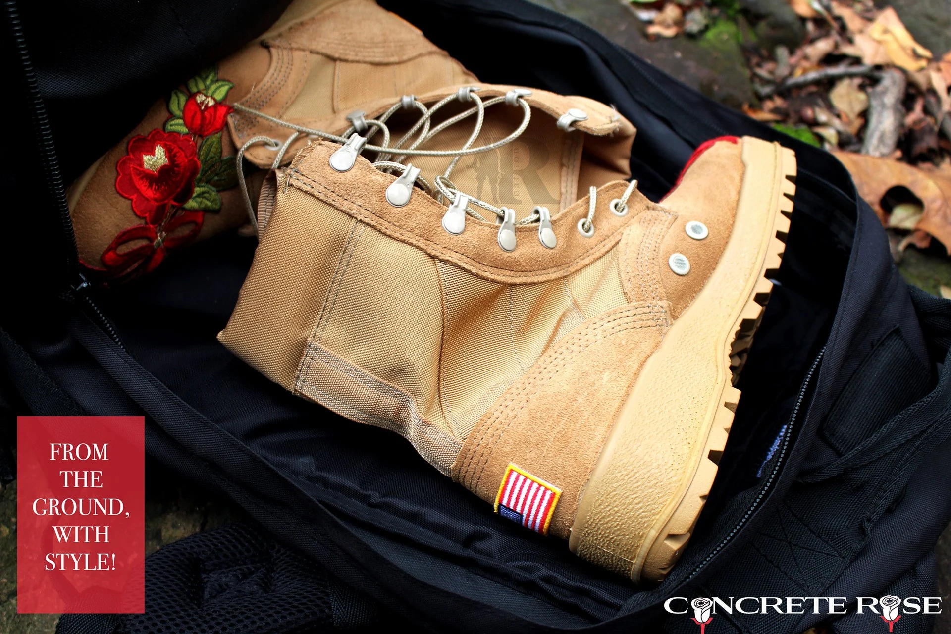 Embroidered military boots resting in an open black duffel bag, with an American flag patch on the heel
