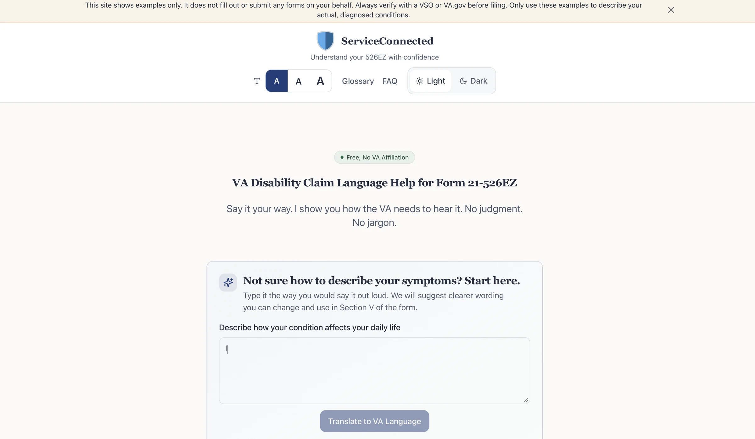 ServiceConnected homepage in Light mode