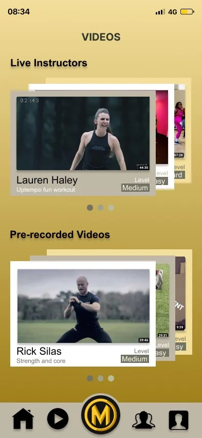 Videos screen with carousels of live instructor sessions and pre-recorded workouts, each showing the instructor, workout type, length, and difficulty level