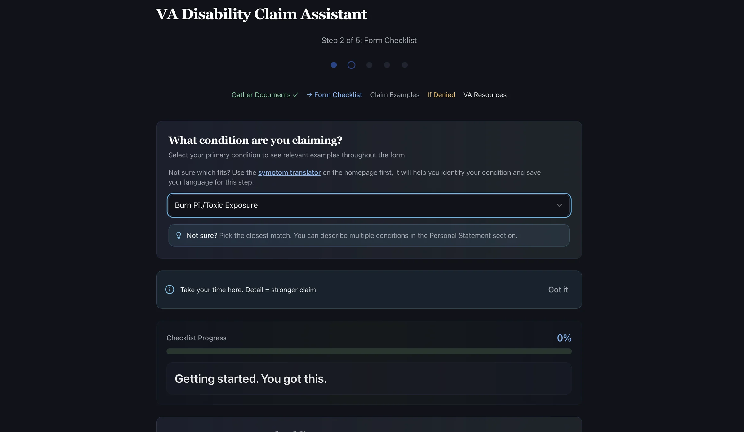 Step 2 of 5: form checklist with condition picker and progress bar