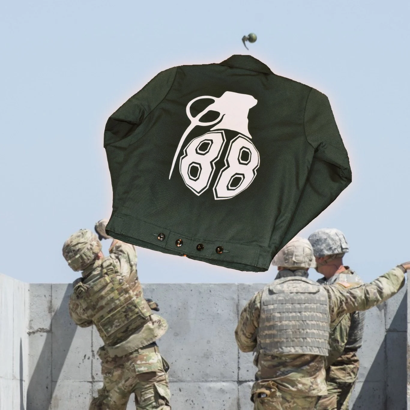 Back of the olive work jacket with a large white grenade graphic and the number 88, composited above soldiers at a grenade range