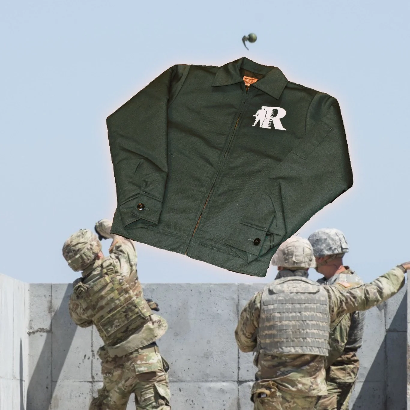 Front of an olive work jacket with a white logo on the chest, composited above soldiers at a grenade range