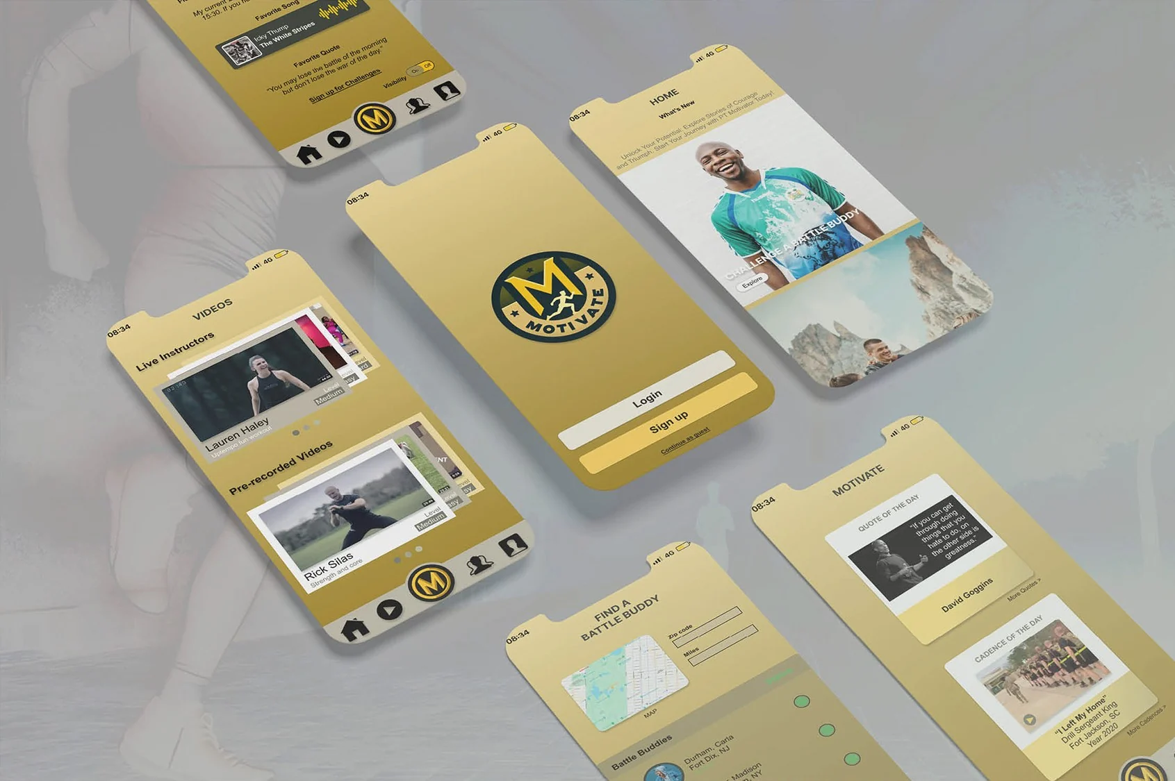 PT Motivator app screens in gold and black