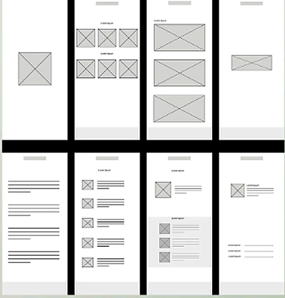 Eight grayscale low-fidelity wireframes showing the layout of image blocks, lists, and text for each app screen