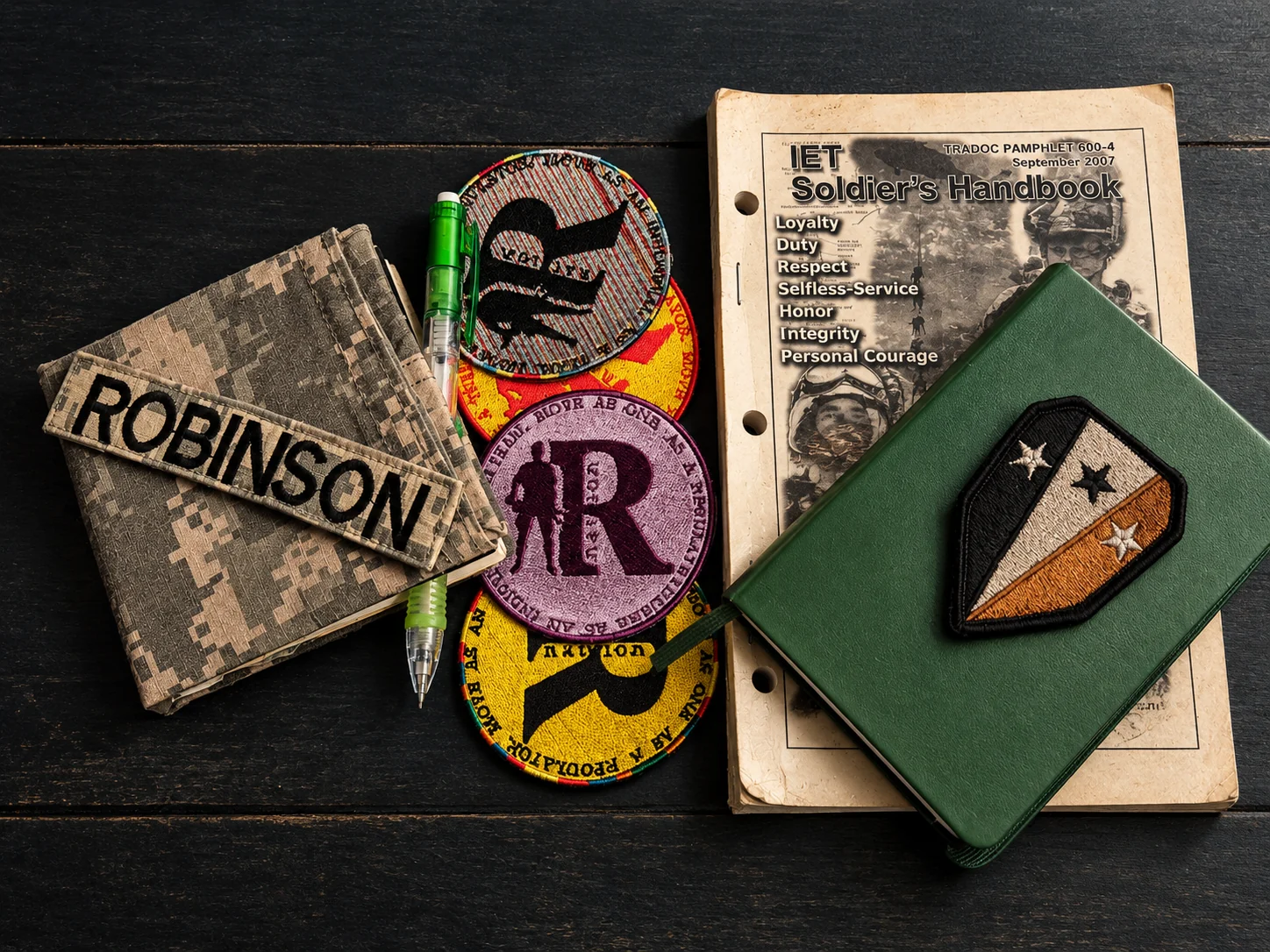 A green sketchbook resting on a Soldier's Handbook, beside a Robinson name tape, a pencil, and embroidered Regulators patches