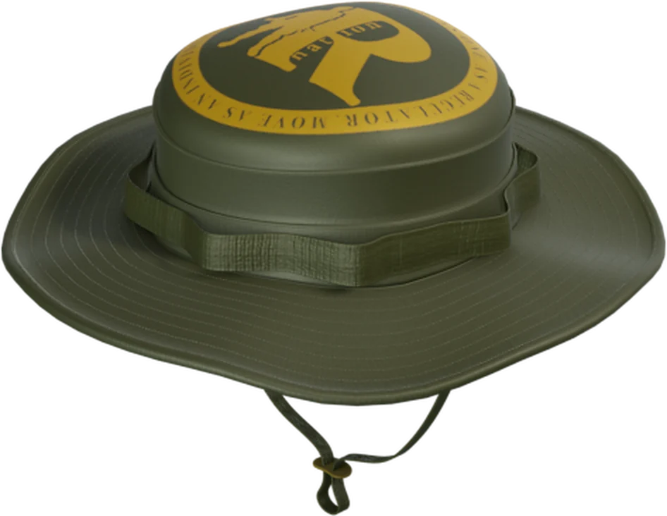 Blender render of an olive boonie hat with gold branding on the crown and a chin cord