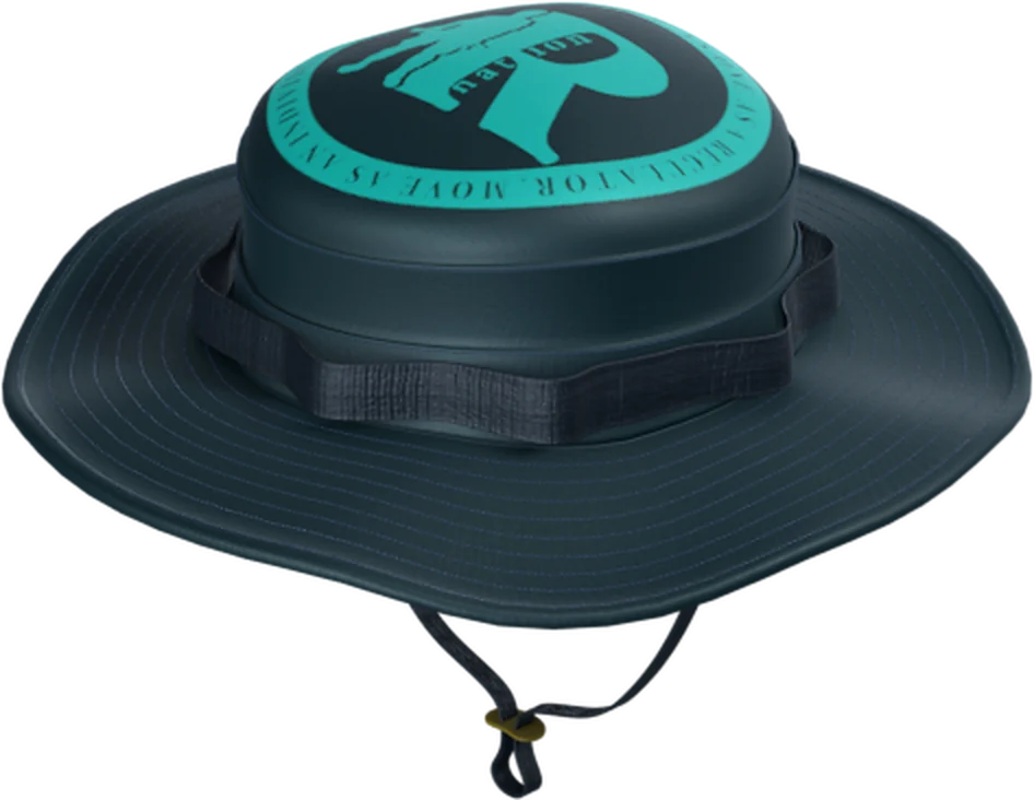 Blender render of a dark boonie hat with teal branding on the crown and a chin cord