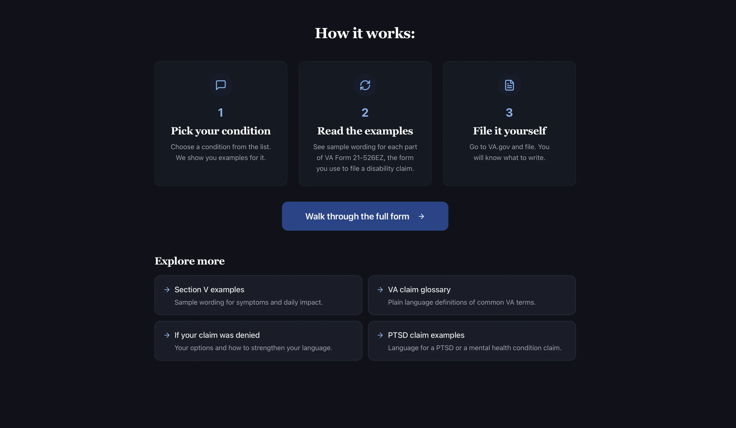 How it works: pick your condition, read the examples, file it yourself