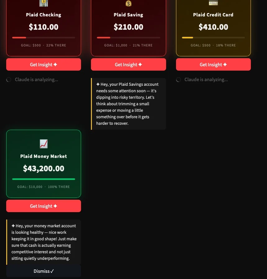 FOCUS account cards with Claude-generated plain-language insights for a savings account and a money market account